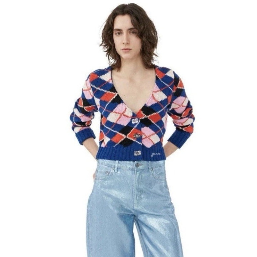 Ganni Argyle Cardigan Sweater Graphic V Neck Sz M NWT $295 Sodalite Blue Pink